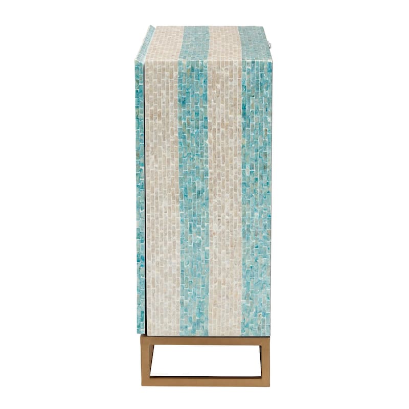 Utari Modern Bohemian Two-Tone Beige and Blue Mother of Pearl and Gold Metal Storage Cabinet