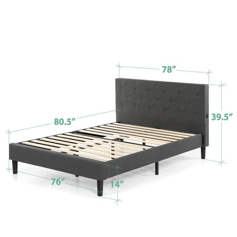 Priage by ZINUS Dark Grey Upholstered Diamond Stitched Platform Bed Frame with USB Ports - King