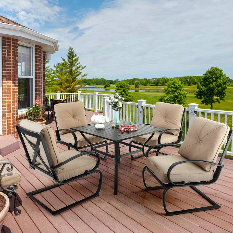 5-Piece Patio Dining Set, 4 Metal Spring Motion Dining Chairs and 1 Square Table with 1.57" Umbrella Hole