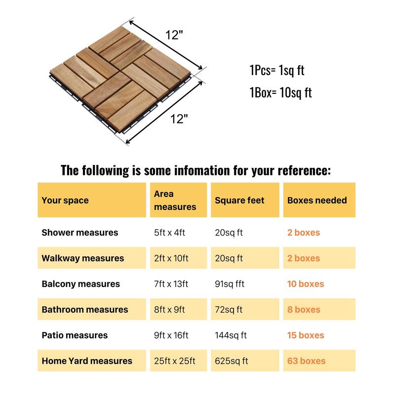 10 PCS Interlocking Deck Tiles Checker Pattern, 12" x 12" Square Yellow Acacia Hardwood Outdoor Flooring