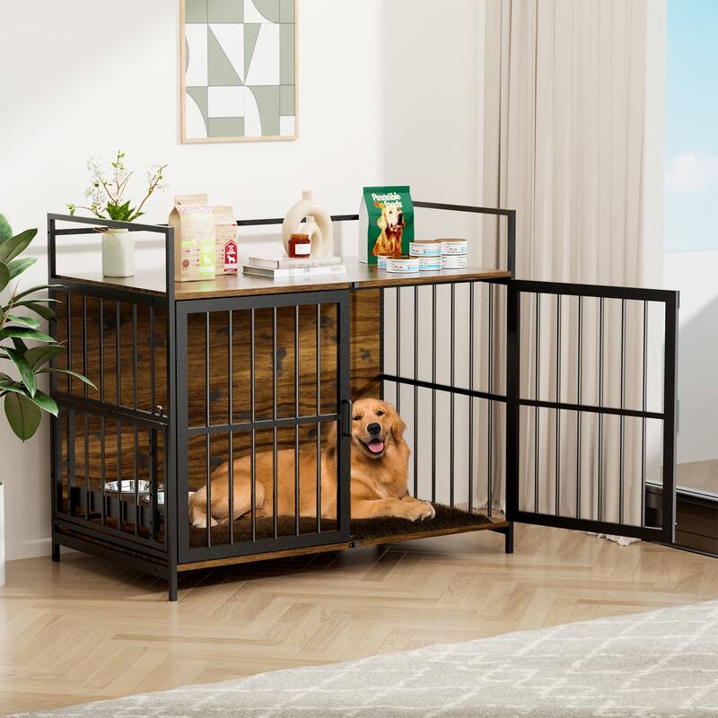 Dog Cage Furniture with Cushion, Dog Kennel Indoor with Rotating Feeder Bowls, Heavy Duty Indoor Cage Kennel