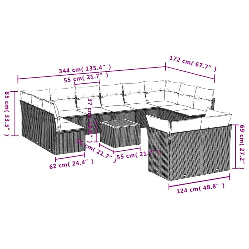 vidaXL Patio Sofa Set with Cushions Outdoor Furniture 13 Piece Poly Rattan - 24.4x 24.4x 27.2