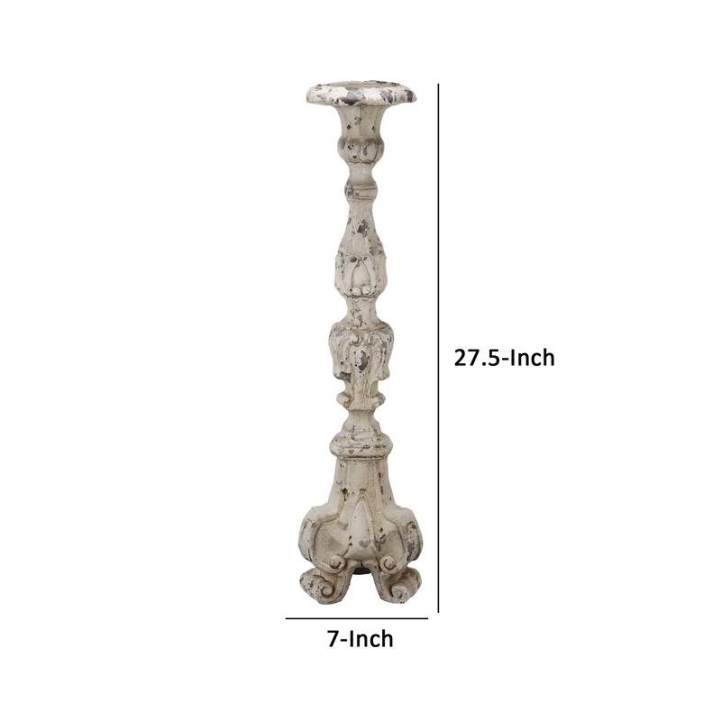 28 Inch Metal Candle Holder, Classical Turned Pedestal, Distressed White