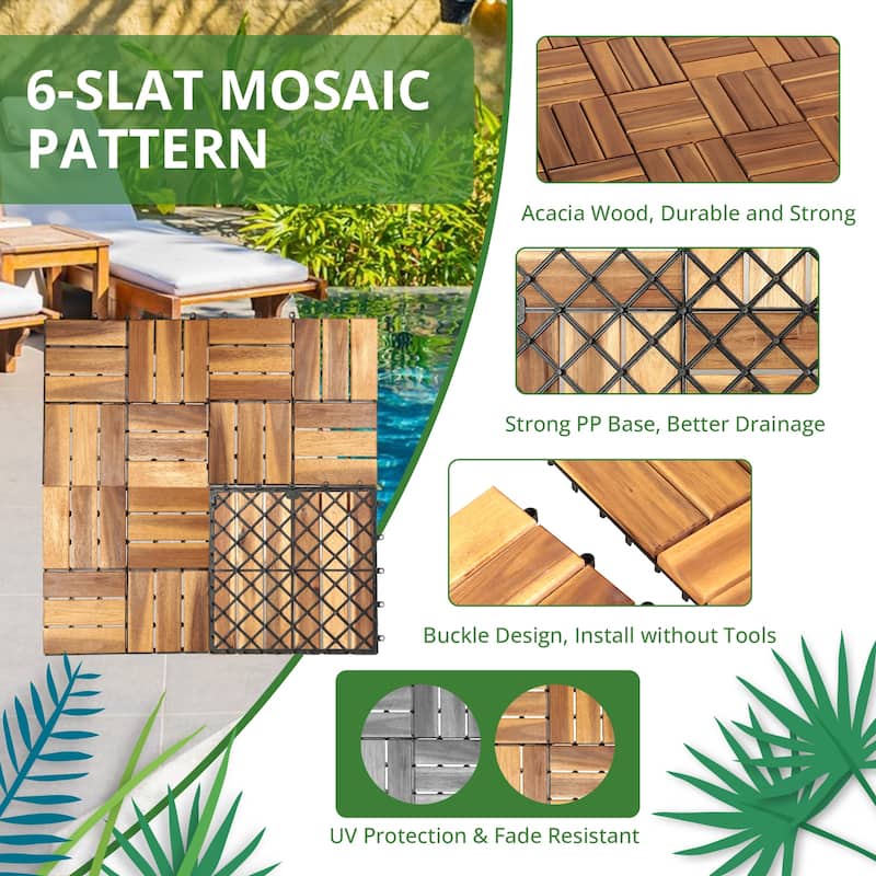 12 x 12 Inch Solid Wood Acacia Interlocking Flooring Tiles, Mosaic Pattern Patio Deck Tiles (Natural Color, 12 Slats)