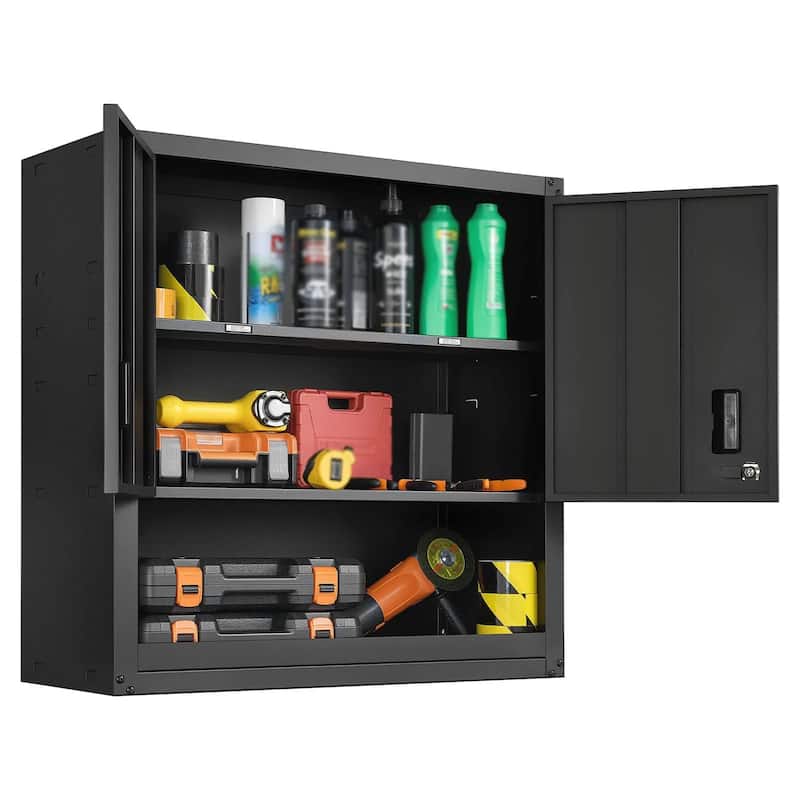 30 Inch Matte Black Metal Wall Storage Cabinet with Adjustable Shelves and Lockable Doors - 30” x 12.01” x 30”