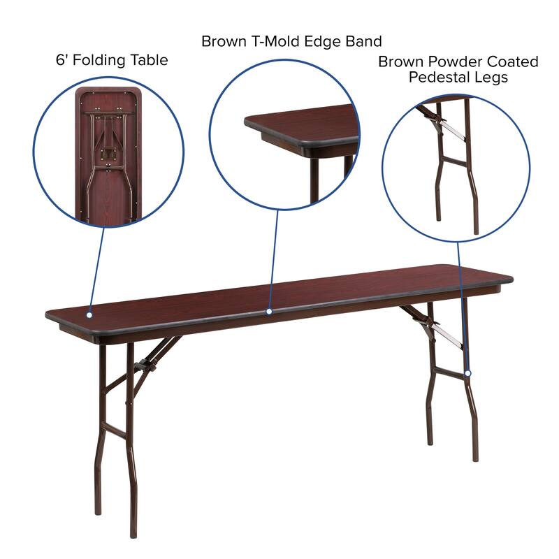 18" x 72" Rectangular Mahogany Melamine Laminate Folding Training Table - 18"W x 72"D x 30"H - 18"W x 72"D x 30"H