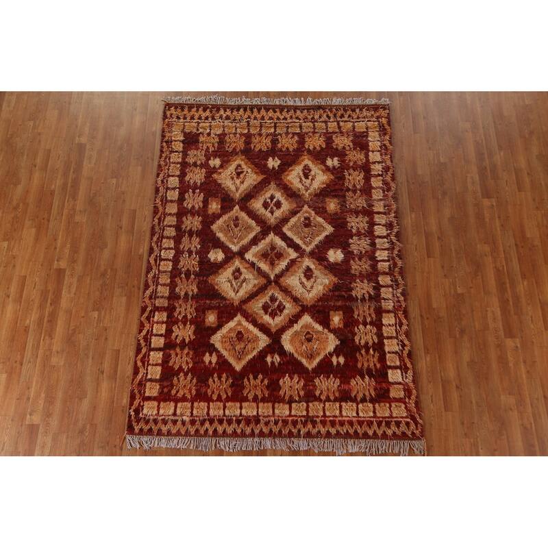 Hand Knotted Oriental 100% Wool Carpet Modern Tribal Red Moroccan Area Rug - 8' 0'' X 5' 7''