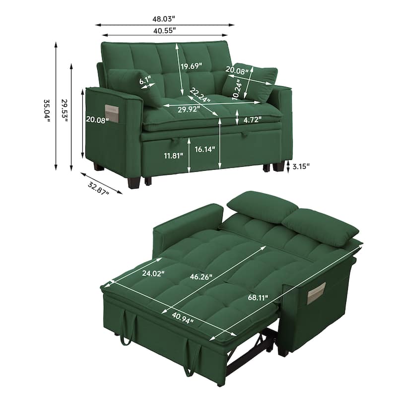 48.03" Pin Striped Fabric 3 in 1 Convertible 2 Seater Sleeper Sofa Bed