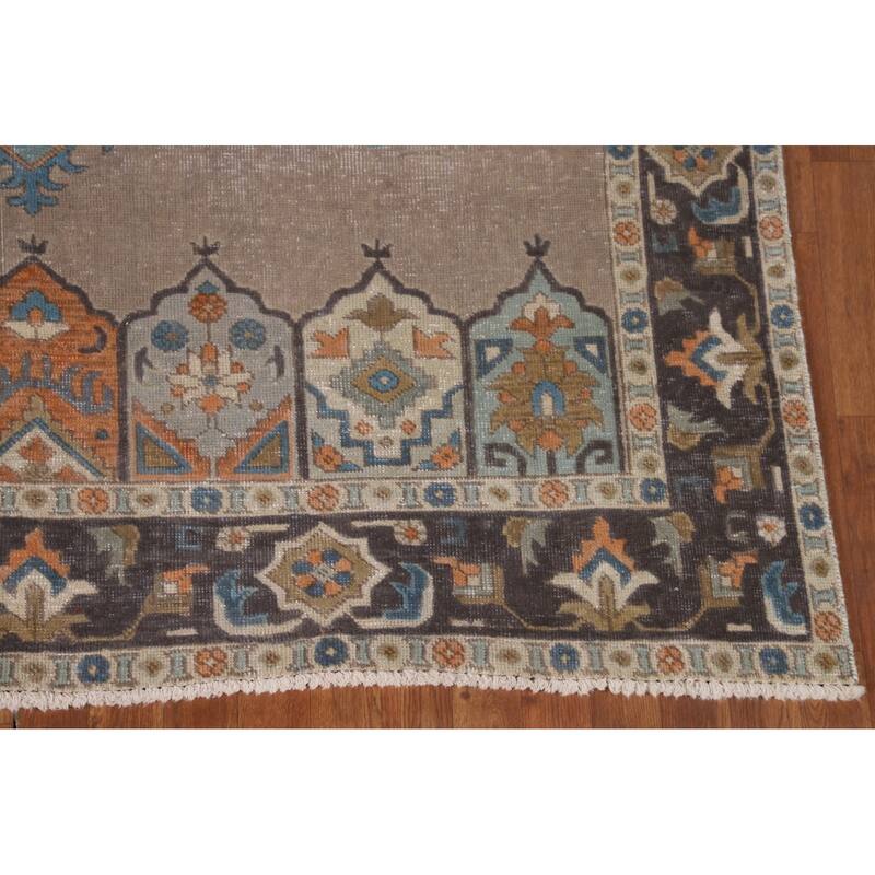 Brown Geometric Tabriz Vintage Rug Handmade Wool Carpet - 6'3"x 9'6"