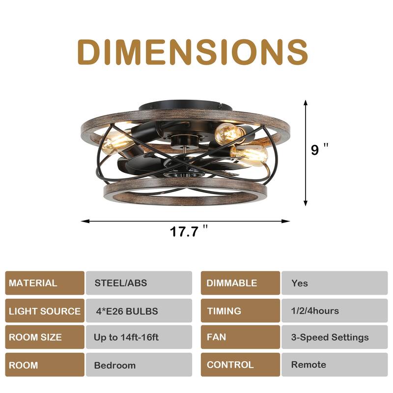 CurveCurio 18" Drum Farmhouse Wood Ceiling Fan, Wood Fan Light with Metal Accents, 4 Light 3 Fan Speed w Remote Control