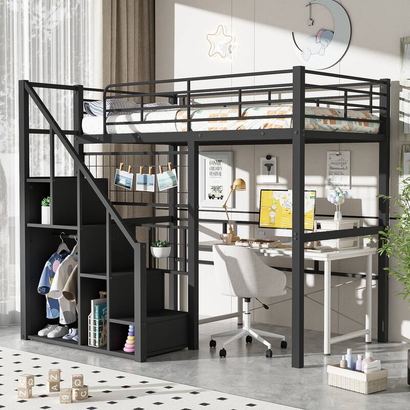 Metal Loft Bed With Storage Staircase And Small Wardrobe