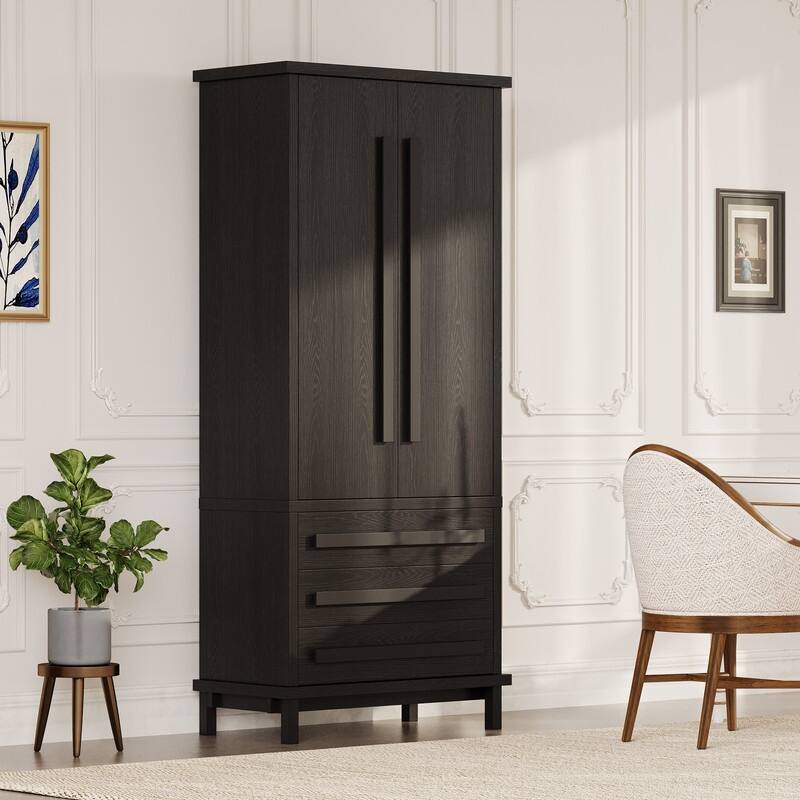 Farmhouse 70" Tall Kitchen Pantry Cabinet,Freestanding Wooden Kitchen Cupboard with 6 Door Shelves and 3 Drawers - Black