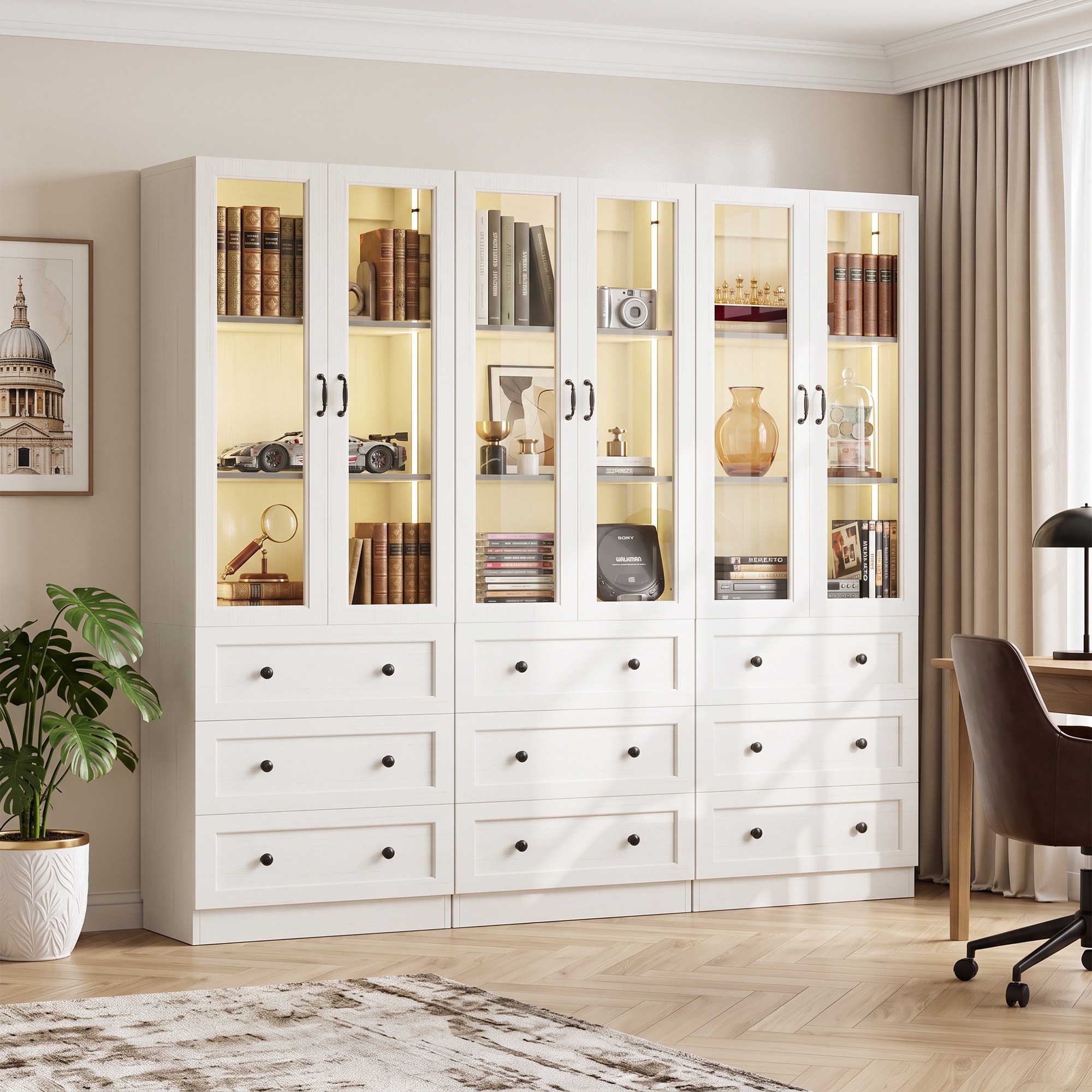 80" Tall Display Bookcase with Wood Drawers and Glass Door, Kitchen Pantry Storage Cabinet with LED Light