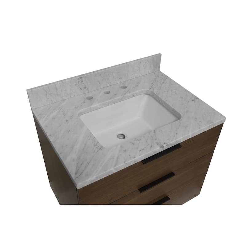 KitchenBathCollection Oslo 30" Floating Wall-Mounted Bathroom Vanity with Carrara Marble Top