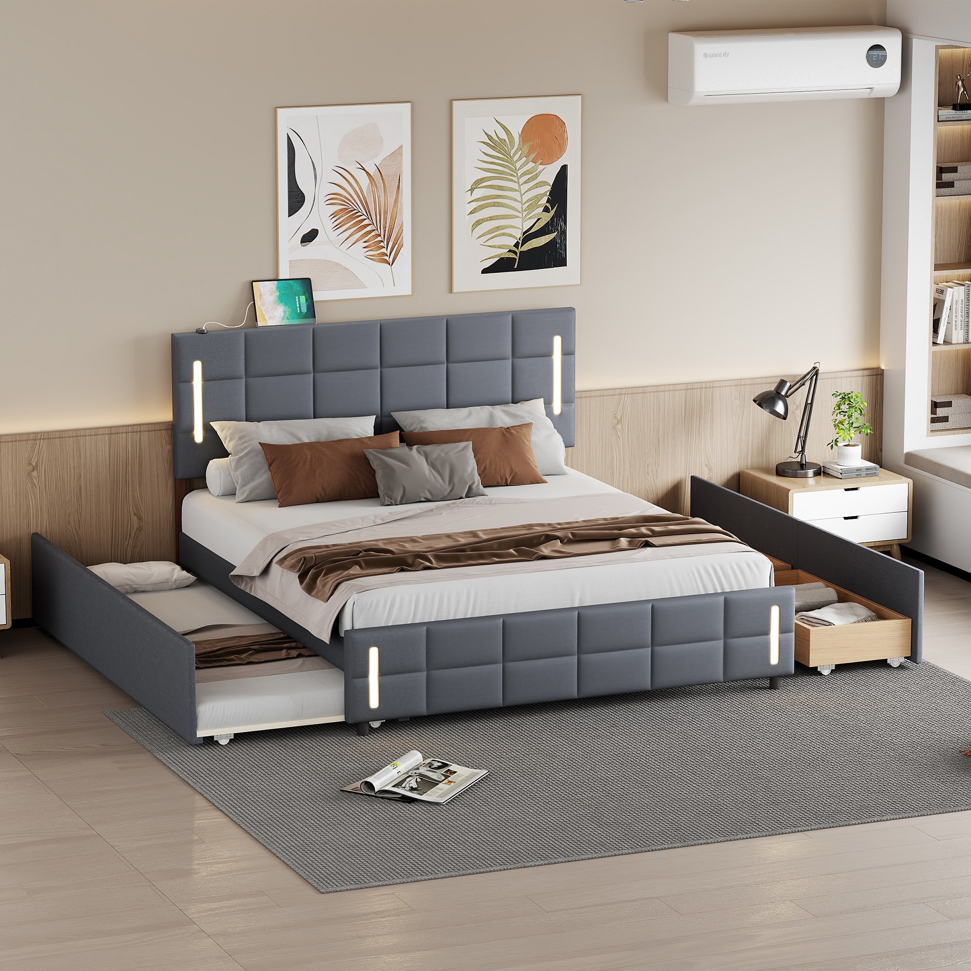 Queen Size Linen Upholstered Platform Bed Frame with Trundle & Storage