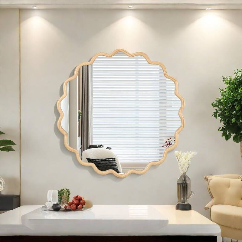 Roomfitters 42" Solid Wood Wavy Mirror, Large Modern Round Wall Decor for Bathroom, Bedroom & Entryway, Natural Wood