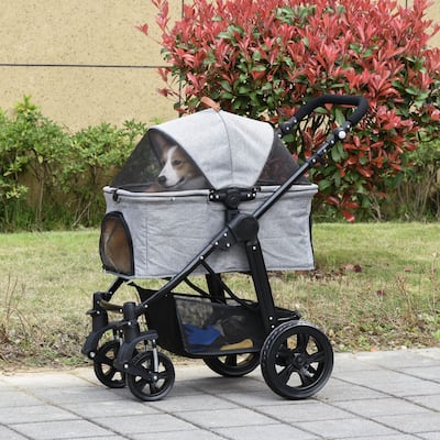 PawHut Dog Stroller with Adjustable Canopy Safety Leashes and Carrying Bag, Grey