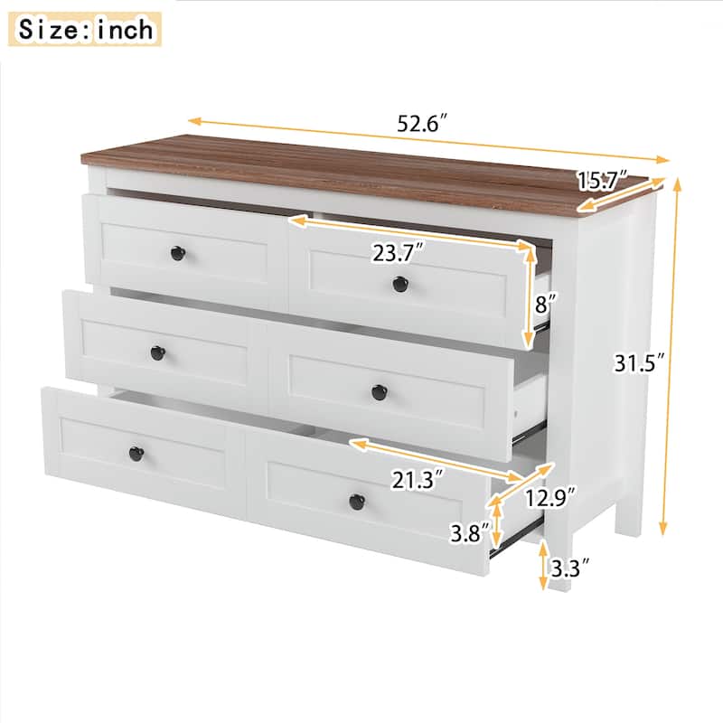 Retro Farmhouse Style Wooden Dresser with 6 Drawer, Storage Cabinet