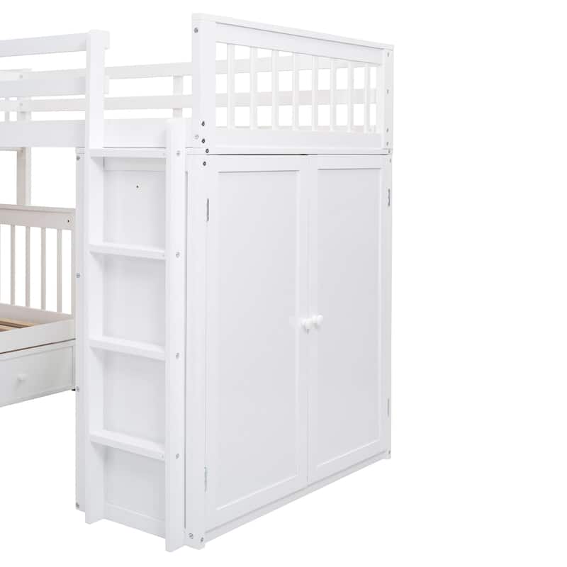 Twin-Twin over Full L-Shaped Bunk Bed With 3 Drawers, and Portable Desk and Wardrobe