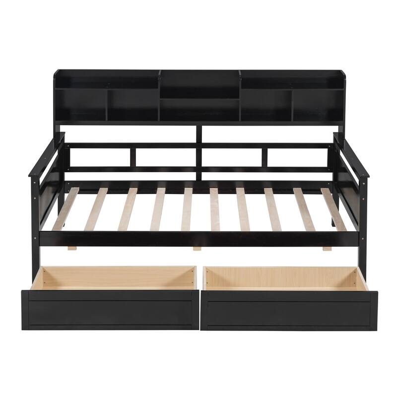 Twin Size Daybed with Wood Slat Support, Bedside Shelves, and 2 Storage Drawers
