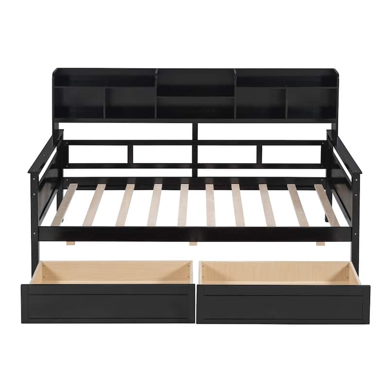 Wood Slat Support Daybed, with Bedside Shelves and Two Drawers - Espresso