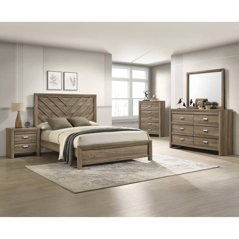 King Size Chevron-Patterned Headboard Bed in Light Brown Warm Wood Finish