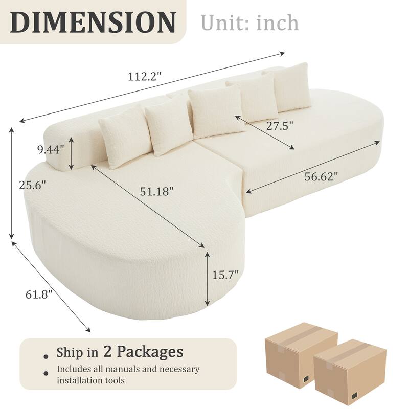 112.2" L-Shaped Boneless Sectional Sofa with Chaise, Chenille Upholstery, Memory Foam, No Assembly