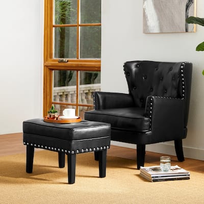 Glitzhome 32"H Mid-Century Leatherette Button-tufted Club Chair with Ottoman Set
