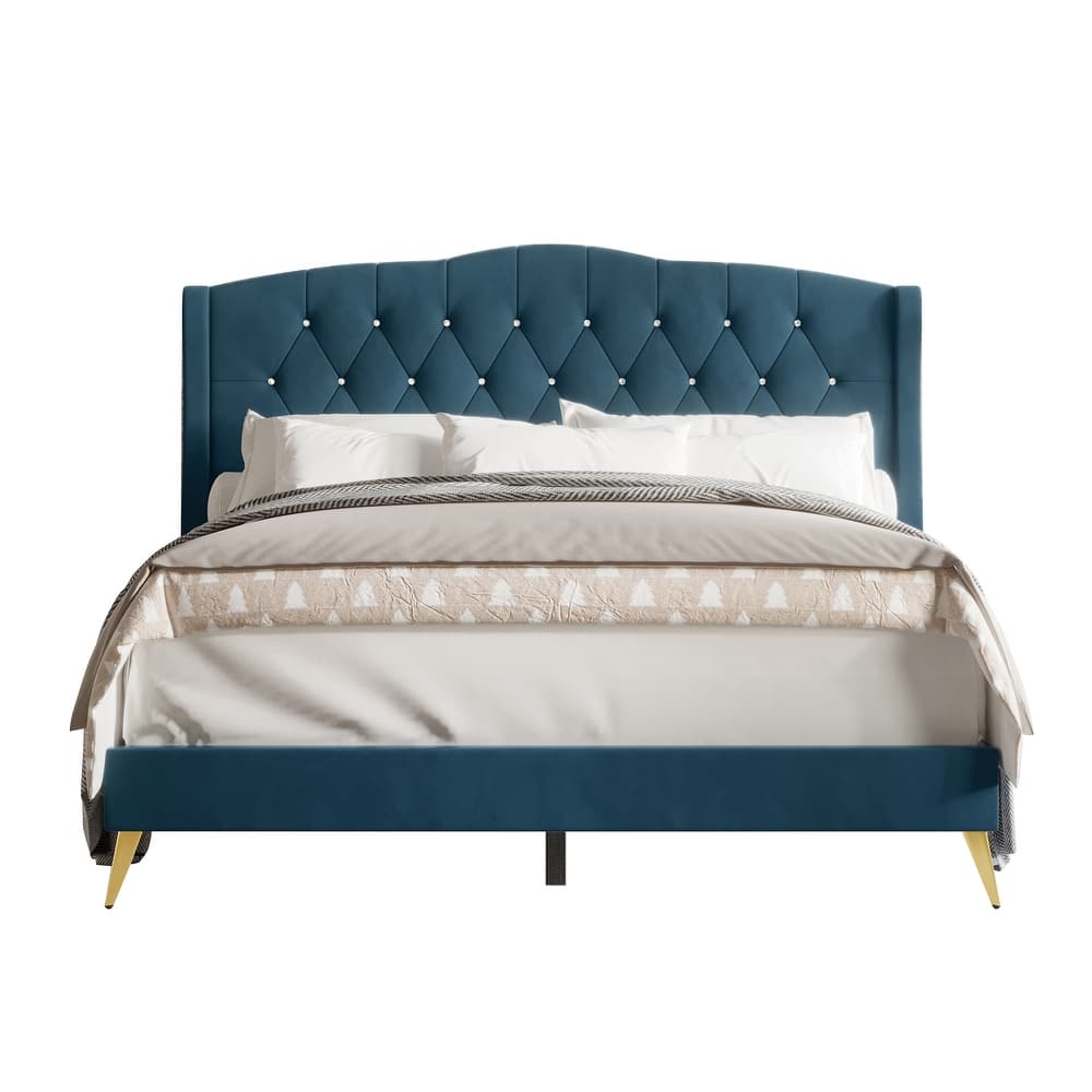 CraftPorch Velvet Diamond Button Tufted Upholstered Platform Bed