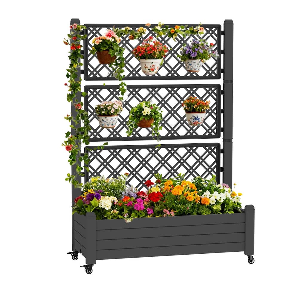 Raised Garden Bed with Trellis for Climbing Plants,Outdoor with Drainage Plug and Gauge DustProof Resin for Garden Backyard