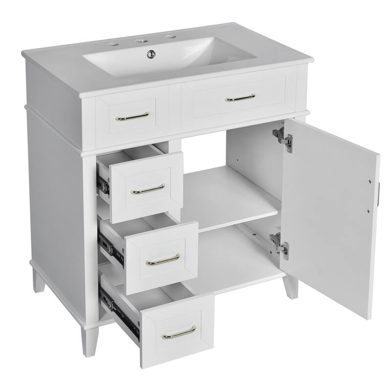 GDFStudio - Snowdon Transitional Freestanding Bathroom Vanity Cabinet with Ceramic Sink, Soft Close Drawers & Adjustable Storage