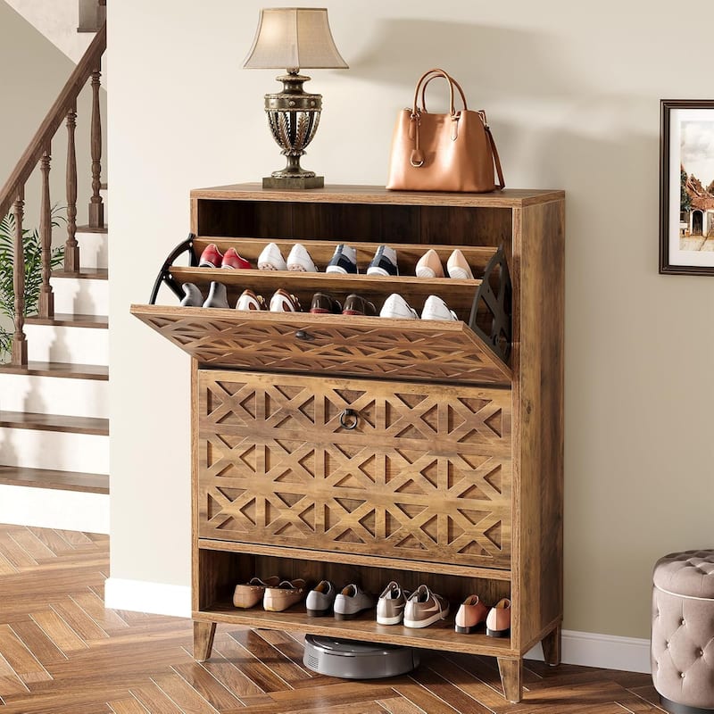 Brown Wood Shoe Cabinet with 2 Flip Drawers, Shoe Storage Organizer for Entryway