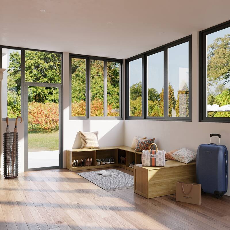 L-Shaped Entryway Bench with Open Shoe Storage, Corner Mudroom Organizer Seating, Wooden Hallway Storage Bench