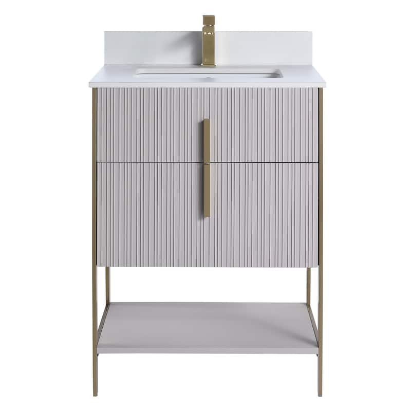 Fine Fixtures Serenity Modern Bathroom Vanity with White Stone Top - Bright Taupe - Brass Hardware - 24 inch