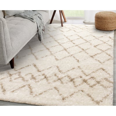 Modern Geometric Soft Shag Rug in Cream Beige