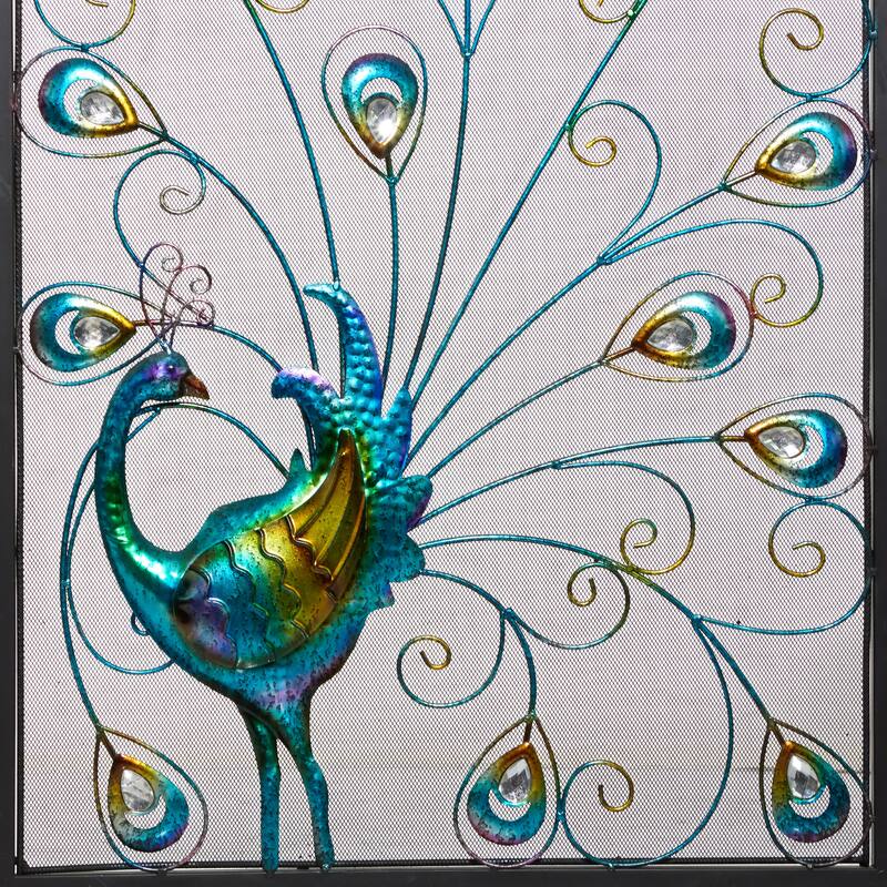 Metal Peacock Rainbow 3 Panel Fireplace Screen with Crystal Accents and Black Frame - Blue - Roche River Decor - 1"Wx48"Lx32"H