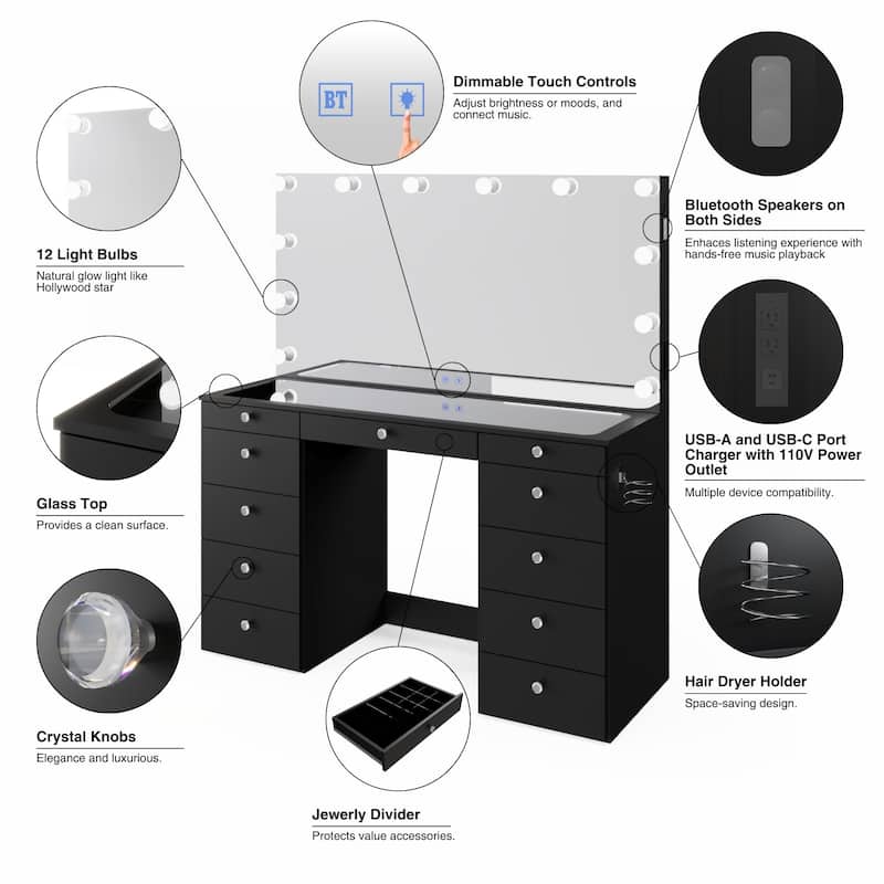 Makeup Vanity Desk, Glass Top, 12 LED Lights BT Speakers & 11 Drawers