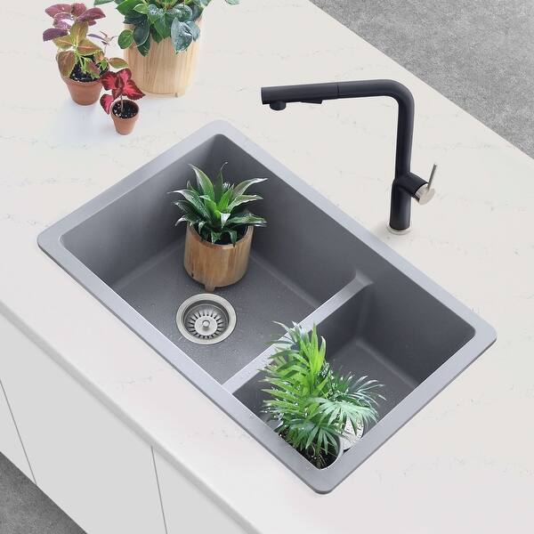 slide 2 of 19, STYLISH 27 inch Composite Granite 60/40 Double Bowl Dual Mount Sink - 27" x 18" x 9.5" Grey