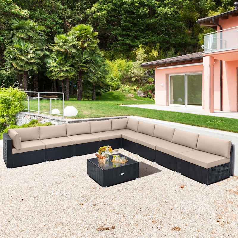 Costway 10 PCS Patio Rattan Furniture Set Outdoor Wicker Sofa Table - See Details - Beige
