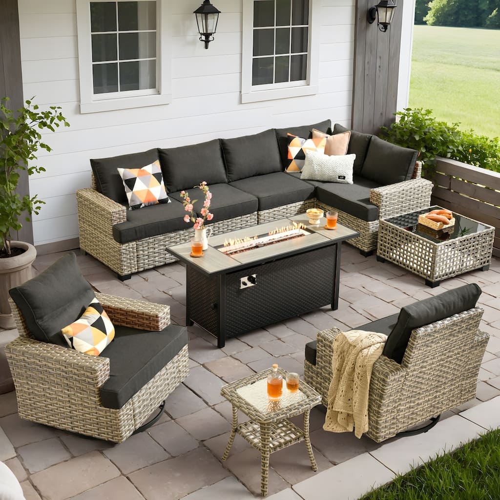 OVIOS 10 Pieces T shaped Seat Wide Armrest Swivel Chair Set With Solar-Powered Table&Fire Pit