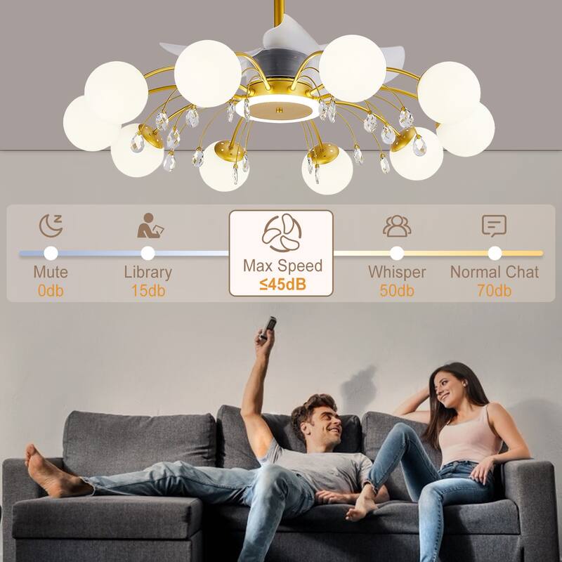 31in. Indoor Gold Modern Ceiling Fan with Light, Reversible Fandelier with Light Bulbs and Remote for Living Room