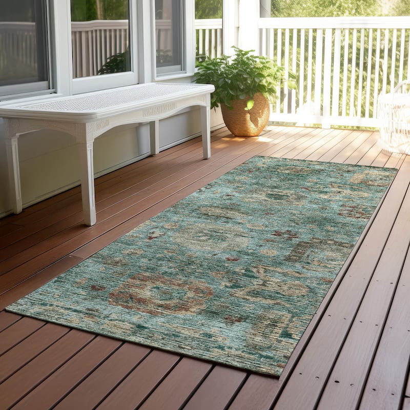 Machine Washable Indoor/ Outdoor Vintage Traditional Chantille Rug - Seafoam - 2'3" x 7'6"