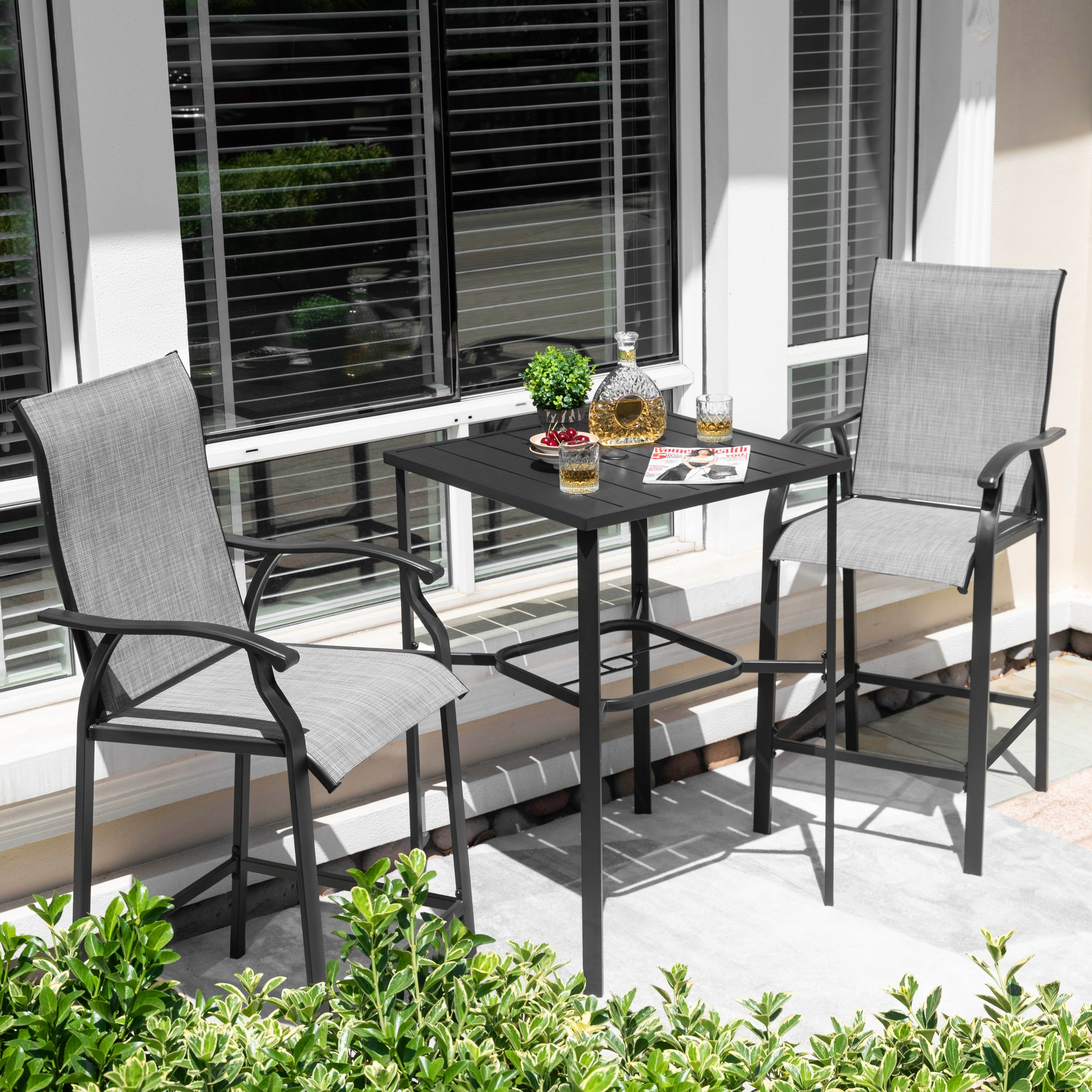 Nuu Garden Outdoor 3-Piece Textilene Bar Set, Height Back Bar Stools and Umbrella Hole