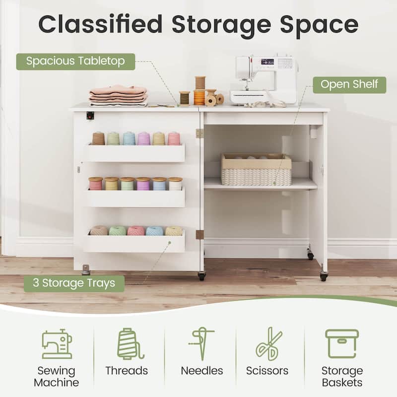 Costway Folding Sewing Machine Table Lockable Casters Rack with 3 - See Details