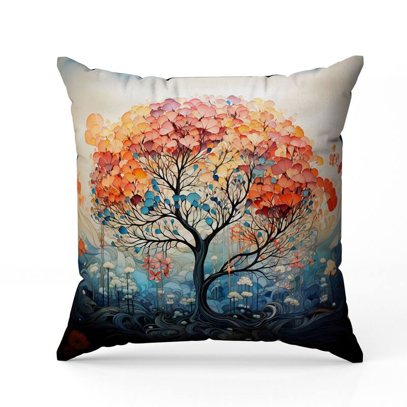 Beautiful Tree of Life Faux Suede Reversible Throw Pillow Orange and Blue