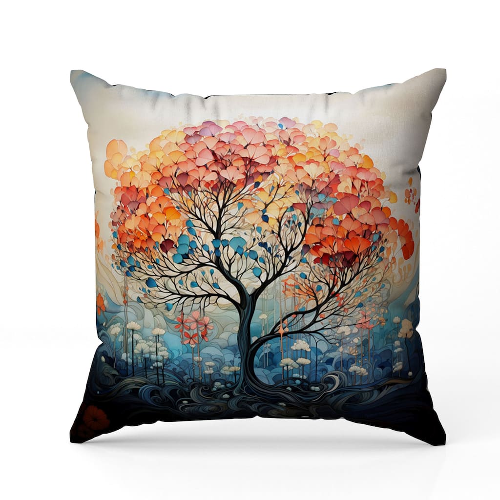 Beautiful Tree of Life Faux Suede Reversible Throw Pillow Orange and Blue