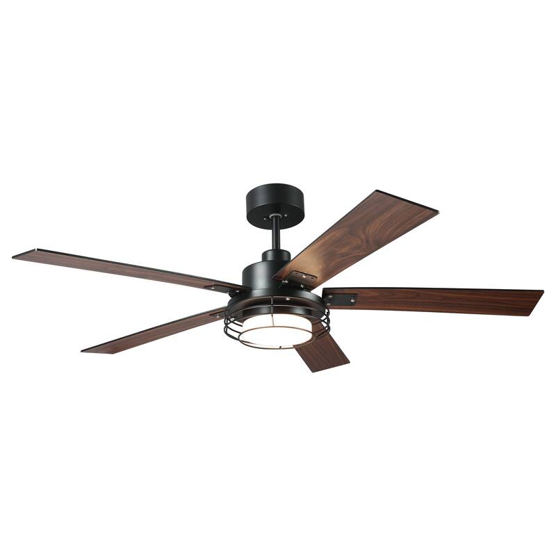 52-in Industrial Metal Caged Ceiling Fan with Light and Remote, Reversible 5-Blade