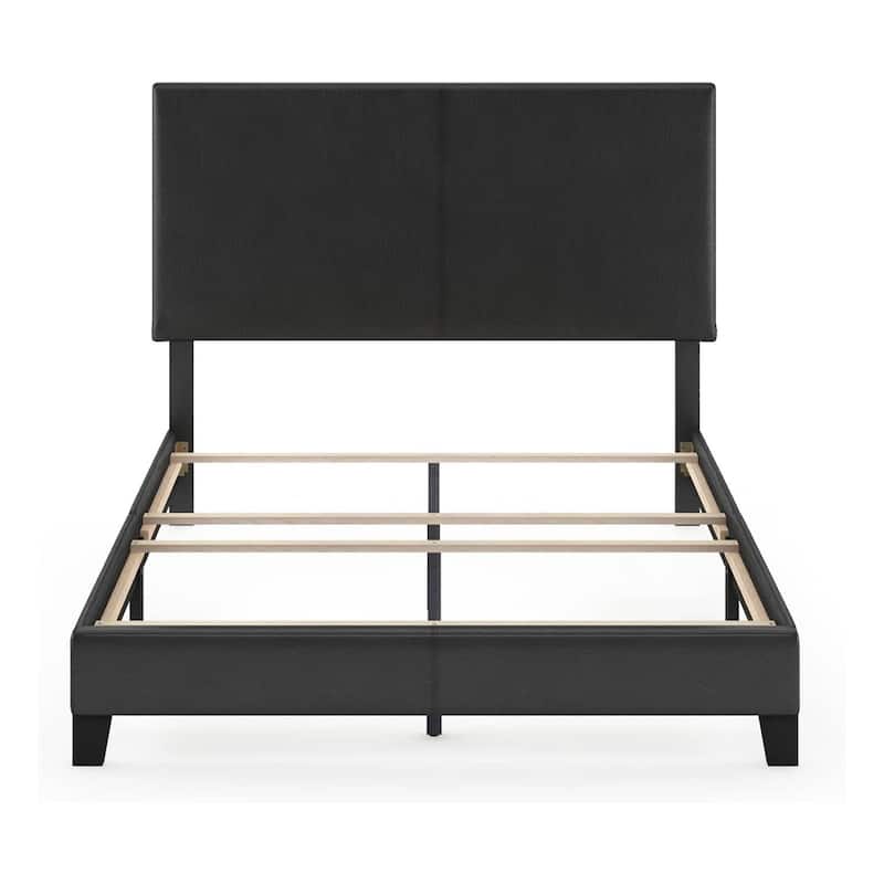 King Bed Frame Upholstered Black PU Leather Platform Bed Modern Glam Style