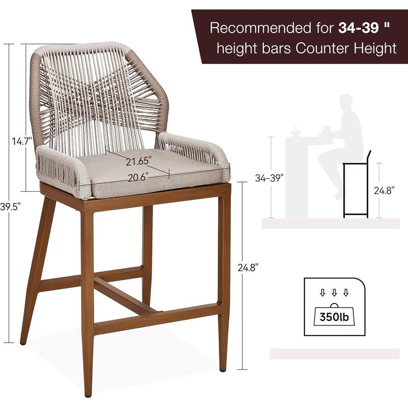 Counter Height Bar Stools Set of 2, Modern Wicker Rattan Patio Bar Stools with Backrest