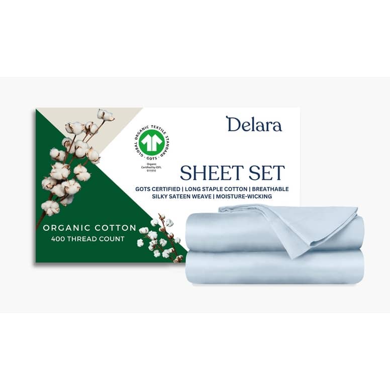Delara GOTS Certified 100% Organic Cotton Sheet Sets, 400TC Long Staple Cotton, Ultra Soft, Moisture-Wicking,Smooth & Breathable - Cal King (108"X105") - Light Blue